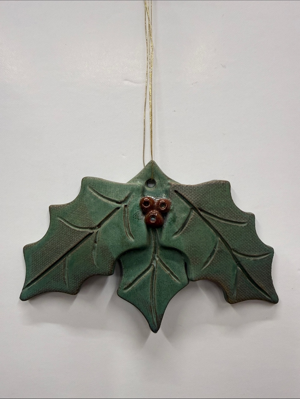 Green Ceramic Holly Leaf Holiday Ornament - Decorative Hanging Accent